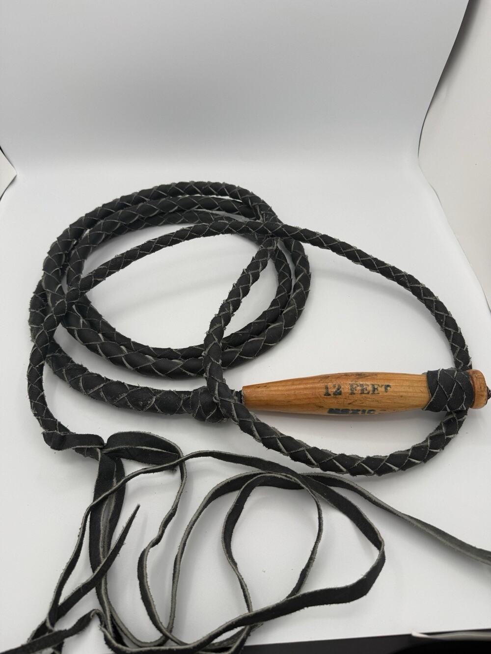 Braided Leather Bullwhip Wood Handle 12 FT Made in Mexico Cowboy Western Vintage